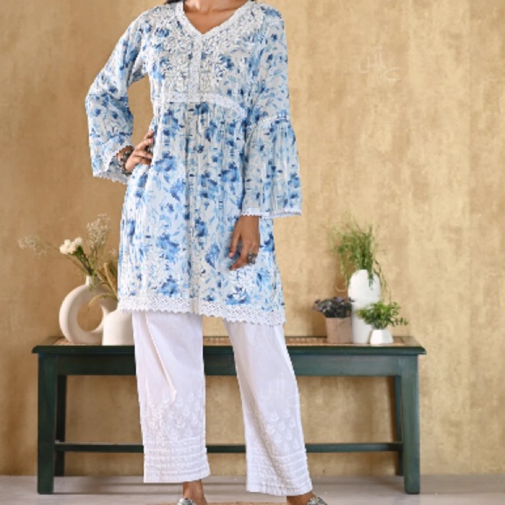 Chikankari Mulmul A-Line Short Kurta